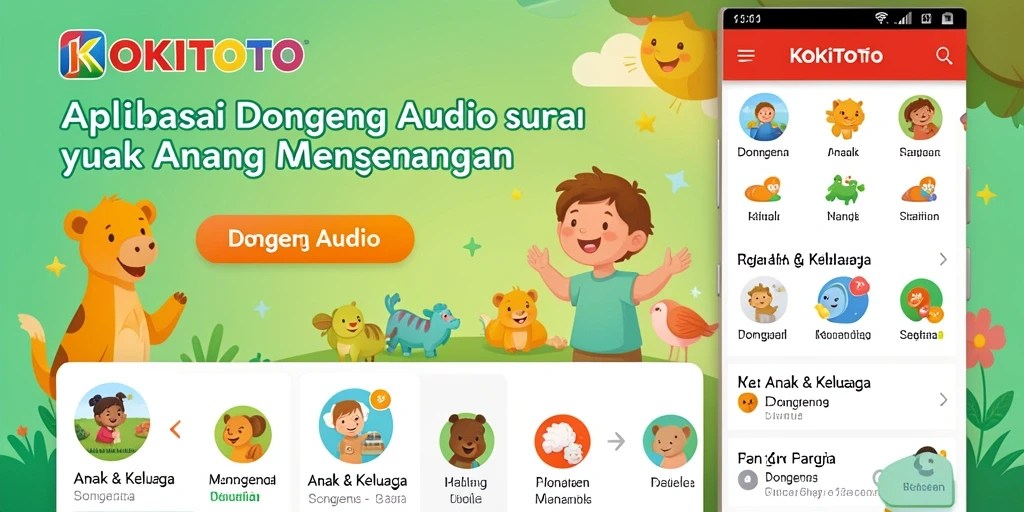 Antarmuka KOKITOTO yang menarik untuk mendengarkan dongeng audio.